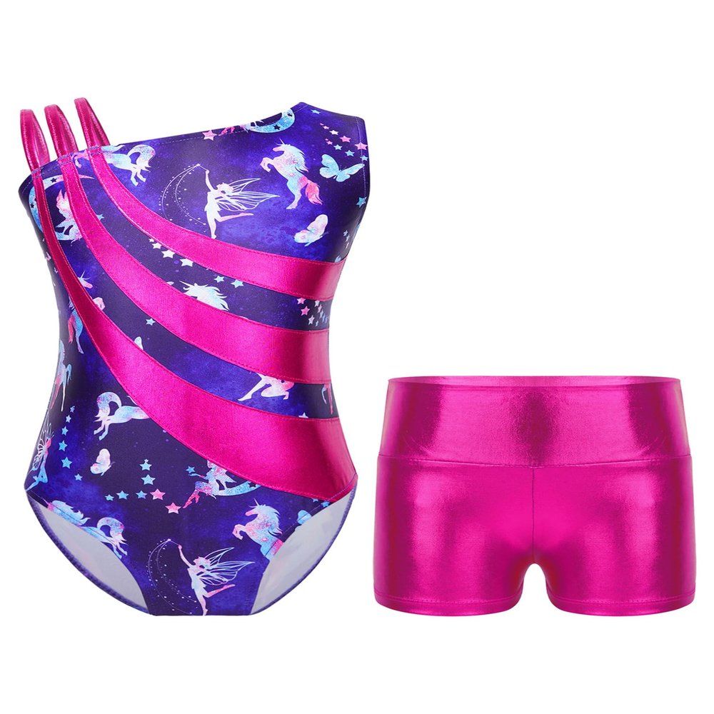 Jhaoyu Kids Girls 2 Piece Printed Dance Outfits Sleeveless Gymnastics Leotards with Metallic Shorts Sets Activewear A01B 14 Years
