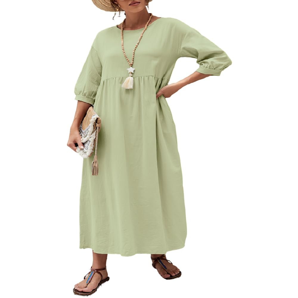 Akivide Women's Summer Cotton Linen Lantern Short Sleeve Dress Crew Neck Loose Casual Tunic Beach Dresses with Pockets