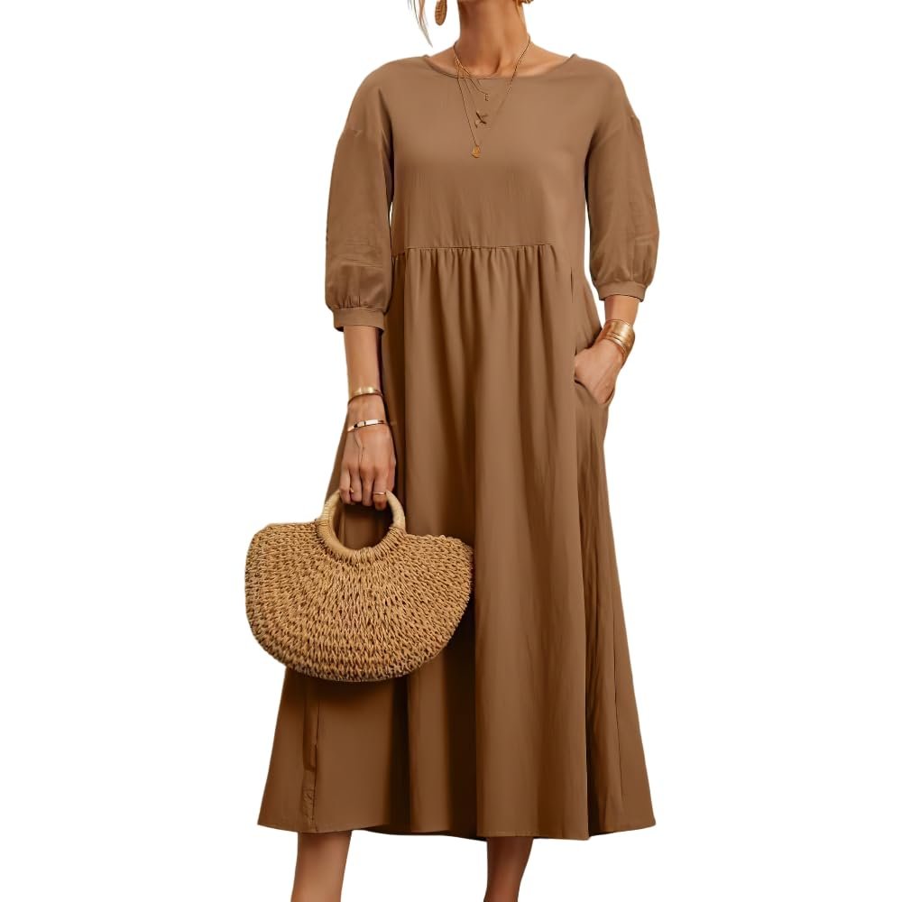 Akivide Women's Summer Cotton Linen Lantern Short Sleeve Dress Crew Neck Loose Casual Tunic Beach Dresses with Pockets
