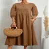 Akivide Women's Summer Cotton Linen Lantern Short Sleeve Dress Crew Neck Loose Casual Tunic Beach Dresses with Pockets view 2