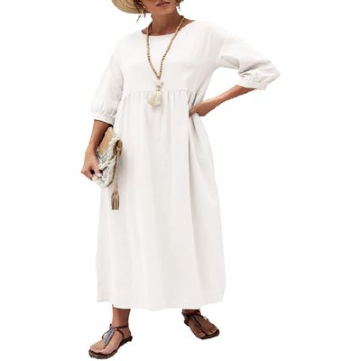 Akivide Women's Summer Cotton Linen Lantern Short Sleeve Dress Crew Neck Loose Casual Tunic Beach Dresses with Pockets