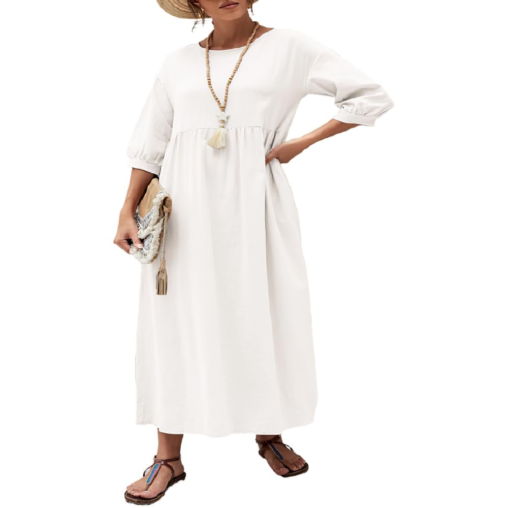 Akivide Women's Summer Cotton Linen Lantern Short Sleeve Dress Crew Neck Loose Casual Tunic Beach Dresses with Pockets
