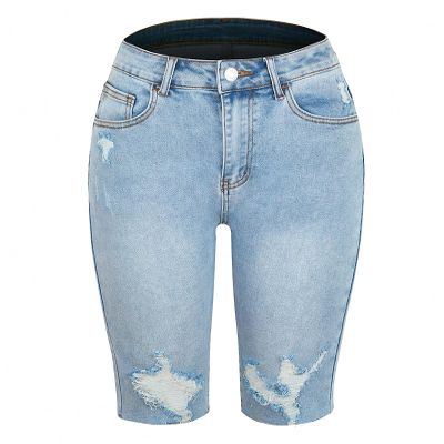 Dawery Cycling Denim Shorts Woman High Waist Hole Shorts Washed Summer Thin Short Jeans Blue S