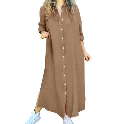 Akivide Womens Long Sleeve Cotton Linen Maxi Dress Button Down Lapel Slit Plus Size Casual Loose Beach Flowy Shirt Dress 2024