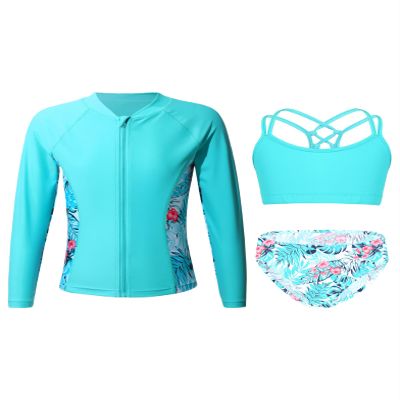Eandarui Kids Girls Rash Guard Set Bikini Swimsuit with Sun Protection Long Sleeve Zipper Jacket UPF 50+ UV Swimwear Turquoise 12 Years