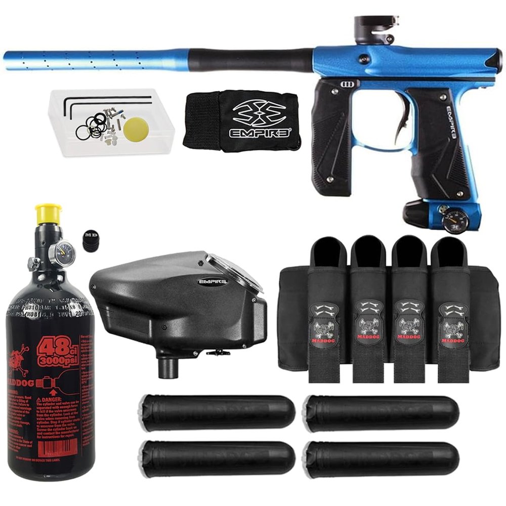 Maddog Empire Mini GS Electronic Full Auto Paintball Gun Marker w/ 48/3000 HPA Paintball Tank, Empire Halo Too Electronic Loader, 4-Pod Harness & (4) Pods Starter Package - Dust Blue/Black