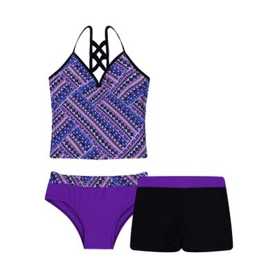 Alvivi Kids Girls 3 Pieces Tankini Swimsuit Floral Halter Tank Top + Swimming Trunks + Brief Bathing Suit Purple Ethnic Patter 10-12 Years