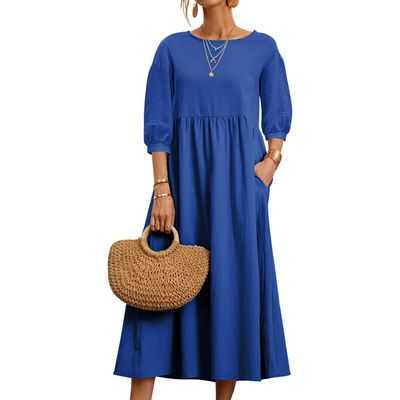 Akivide Women's Summer Cotton Linen Lantern Short Sleeve Dress Crew Neck Loose Casual Tunic Beach Dresses with Pockets