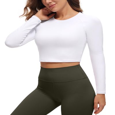 CRZ YOGA Womens Long Sleeve Crop Workout Tops Athletic Yoga Running Cropped T-Shirt Slim Fit Gym Shirts White Large