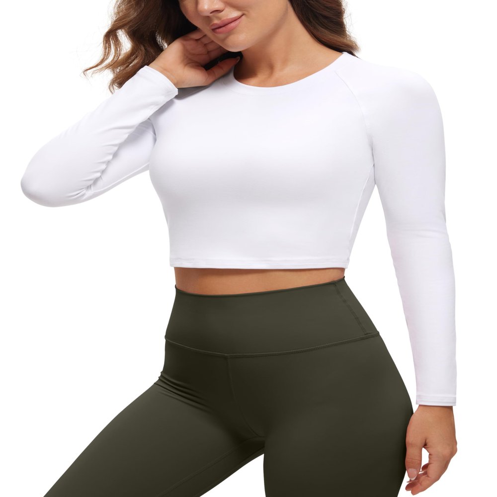 CRZ YOGA Womens Long Sleeve Crop Workout Tops Athletic Yoga Running Cropped T-Shirt Slim Fit Gym Shirts White Large