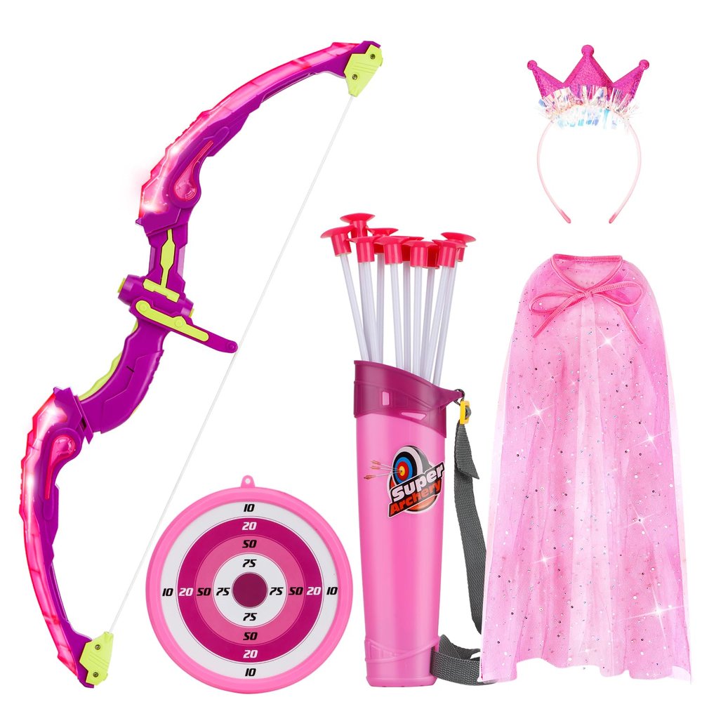 Bow and Arrow for Kids, LED Light Up Archery Set with Princess Cape and Crown, 10 Suction Cup Arrows, Target & Quivers, Outdoor Toy for Girls Aged 3-8, Birthday Gifts Toys for 4 5 6 7 8 Year Old