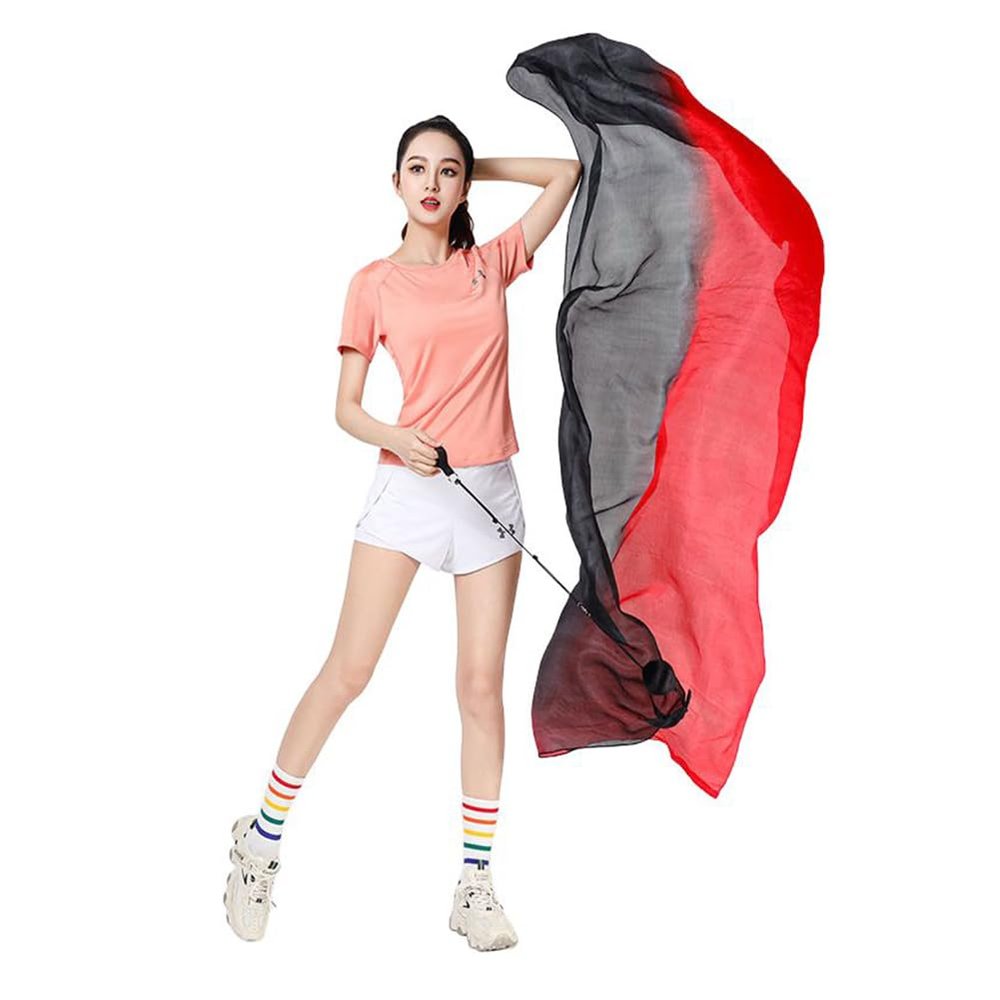 Nimiman 1pcs 2.0x0.9M/78.74"x35.43" Dance Silk Veil Poi Ball Belly Dance Poi Streamer Throw Ball (Black red)