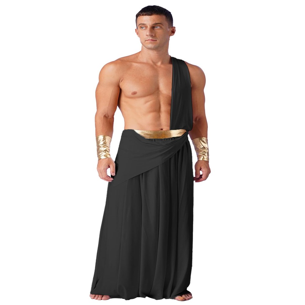 Sywiyi Men's Halloween Theme Party Toga Costume One Shoulder Ancient Greek Robe Skirt with Wristbands Black Medium