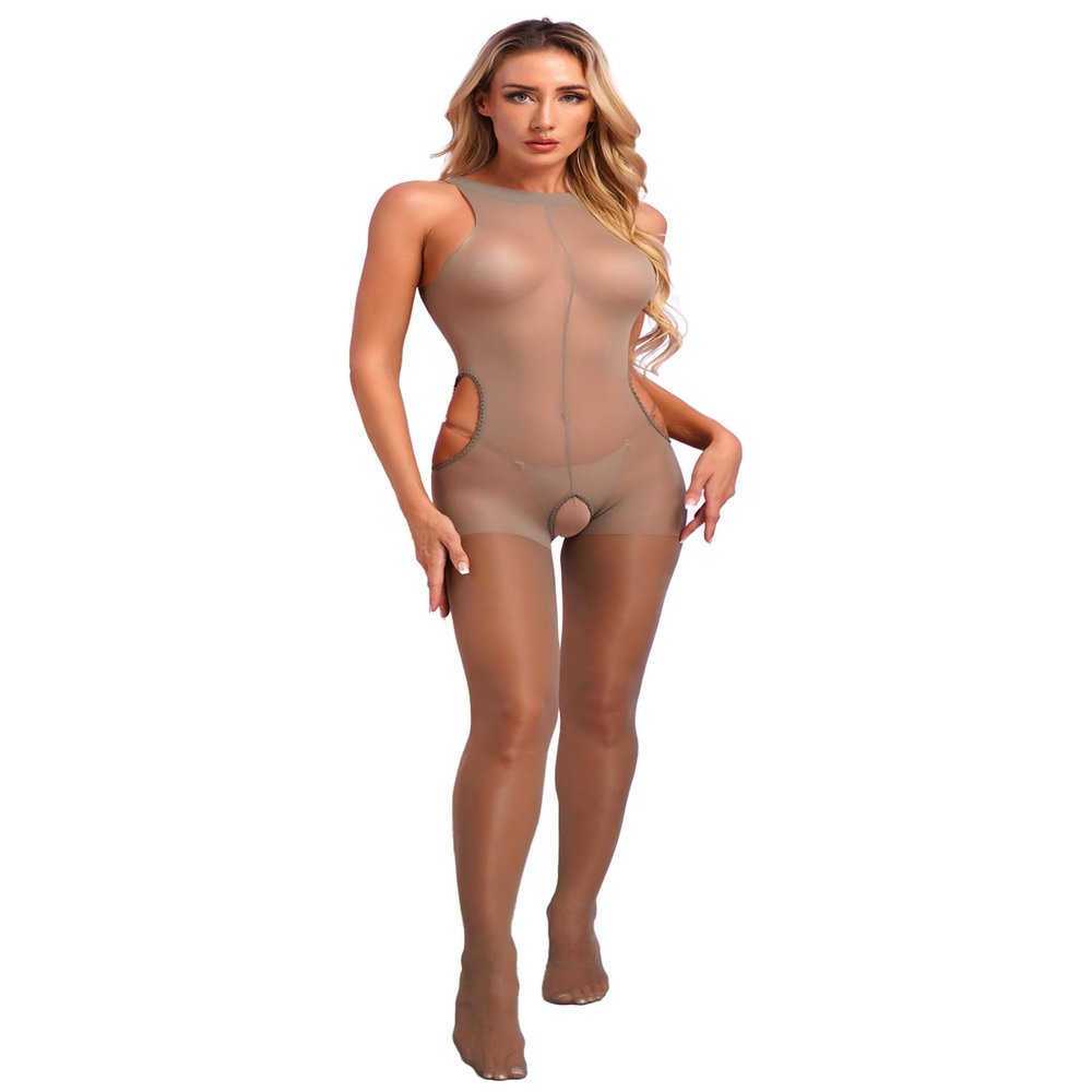 ACSUSS Women Oil Shiny Glossy Bodystocking Tights Cutout Open Croch Catsuit Sheer Bodysuit Grey One Size