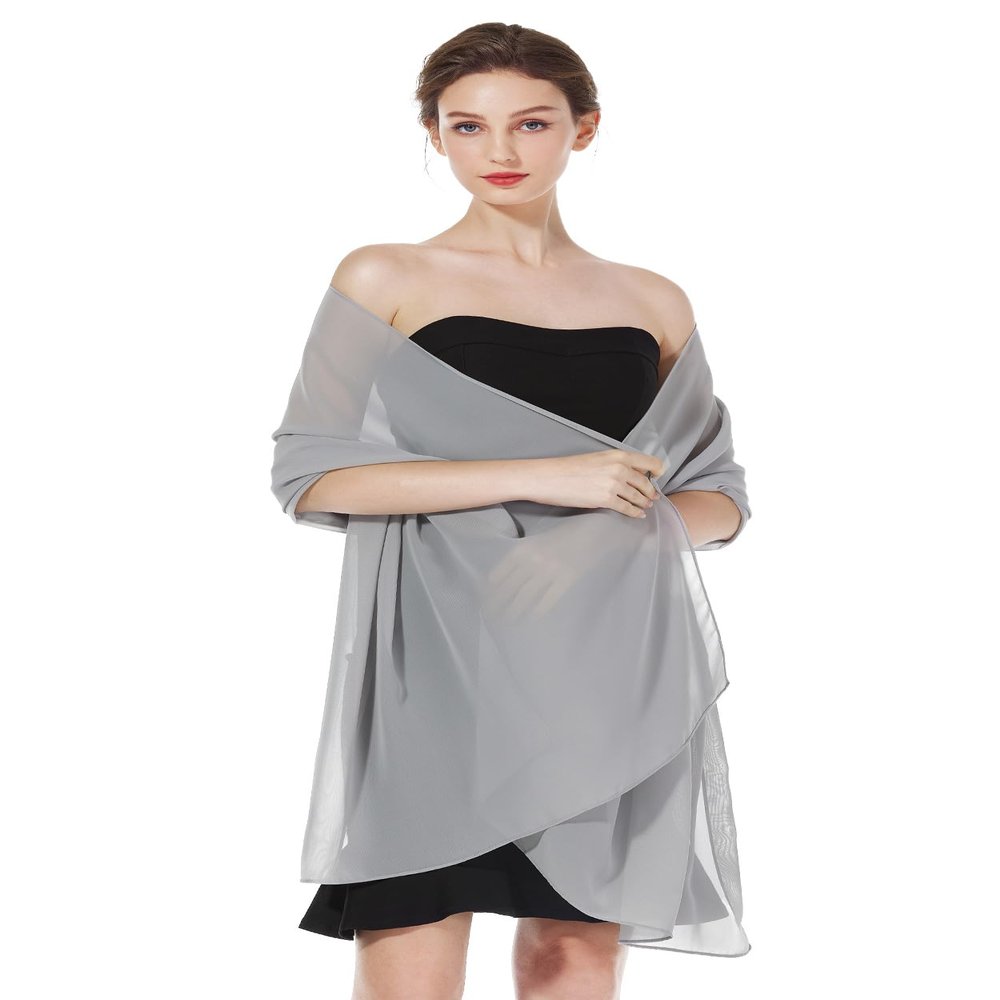 BEAUZSUZSANA Women Chiffon Shawls and Wraps for Evening Dresses Wedding Party Travel Scarves Pashmina Bikini Cover Up (Silver)
