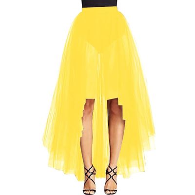 WDPL Women's Maxi High Low A-line Layers Tulle Sheer Evening Skirt (Deep Yellow, 5XL)