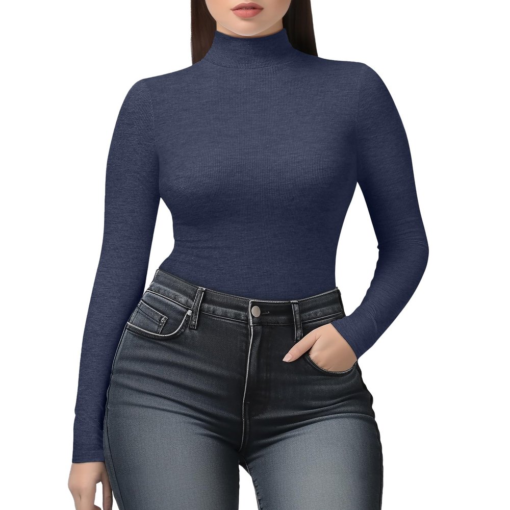 YumiDay Womens Mock Turtleneck Long Sleeve Shirts(deep Blue,M)