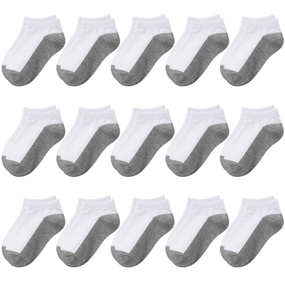 BOOPH 15Pcs Kids Socks for Boy Girls Low Cut Athletic Ankle Socks 4-6 Years White Gray