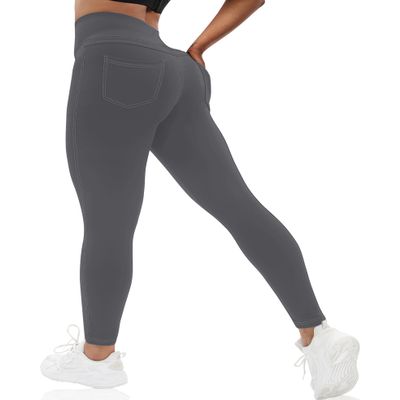 VOOVEEYA Curvy Womens Leggings, High Waisted Yoga Pants with Back Pockets, Tummy Control - Buttery Soft - Stretchy(Solid Dark Grey XL)