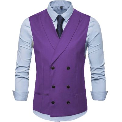 CXFOVIOVA Mens Double Breasted Suit Vest with 6 Buttons Slim Fit Waistcoat for Formal Business Grooms Wedding Sleeveless Jacket (Color : Purple, Size : XX-Large)