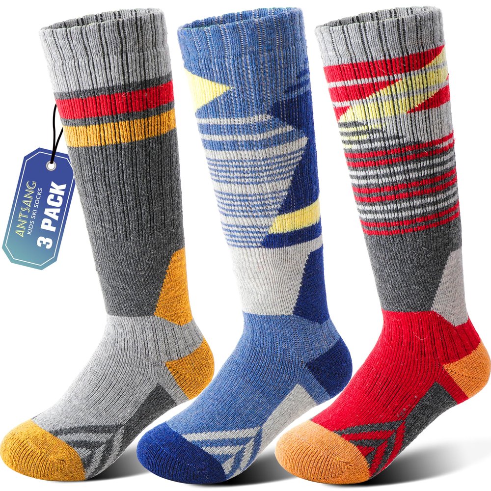 ANTSANG Kids Merino Wool Ski Socks for Boys Girls Teen Thermal Warm Thick Winter Hiking Knee High Socks Stocking Stuffers for Snowboarding Skiing(Assorted C,12-15 Y)