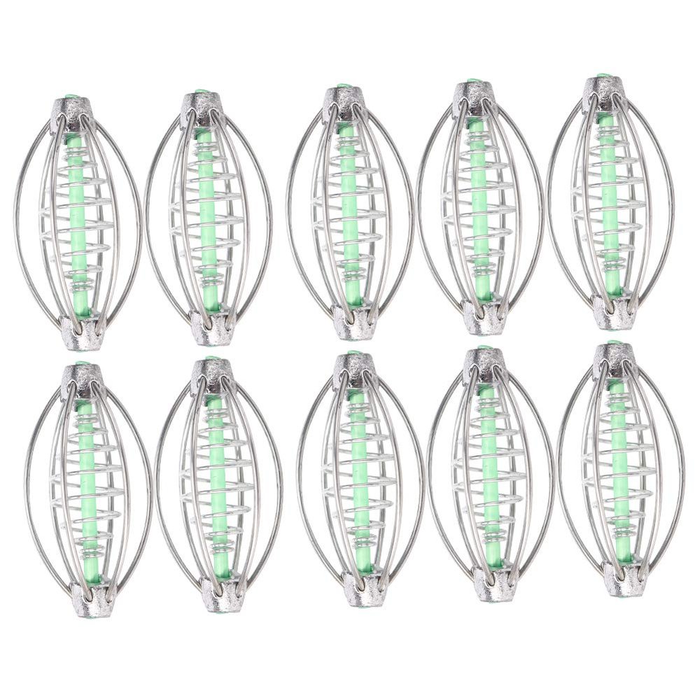Fishing Feeder, Pack of 10 Stainless Steel Spring Fishing Feeder Bait Cage Holder Tackle Accessory with Pendant Bead Portable Fishing Tool Fishing Feeder Basket for (Medium Size