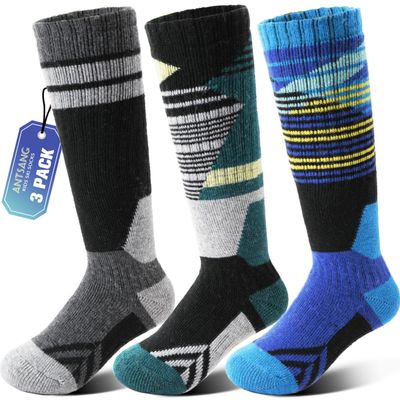 ANTSANG Kids Merino Wool Ski Socks for Boys Girls Teen Thermal Warm Thick Winter Hiking Knee High Socks Stocking Stuffers for Snowboarding Skiing(Assorted A,12-15 Y)