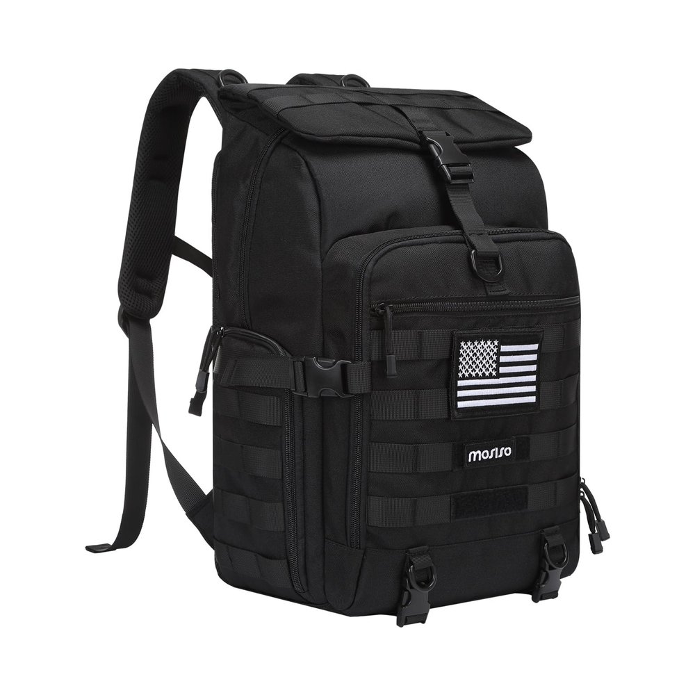 MOSISO 30L Tactical Backpack, Military Daypack 3 Day Assault Pack with Top Flap Pocket & USA Flag Patch, Assault Bag Rucksack for Outdoor Hiking Hunting Camping Training Travel, Black