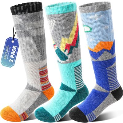 ANTSANG Kids Merino Wool Ski Socks for Girls Boys Teen Thermal Thick Warm Winter Hiking Knee High Stocking Stuffers Socks for Skiing Snowboarding(Skate A,12-15 Y)