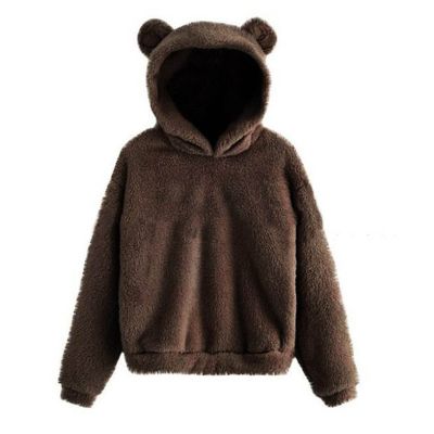 Womens Cute Hoodie Bear Ears Pullover Long Sleeve Fleece Fall Jacket Cropped Sweatshirts Fluffy Coat For Teen Girls Brown