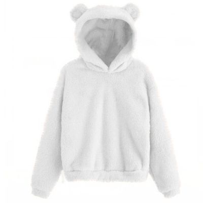 Womens Cute Hoodie Bear Ears Pullover Long Sleeve Fleece Fall Jacket Cropped Sweatshirts Fluffy Coat For Teen Girls White