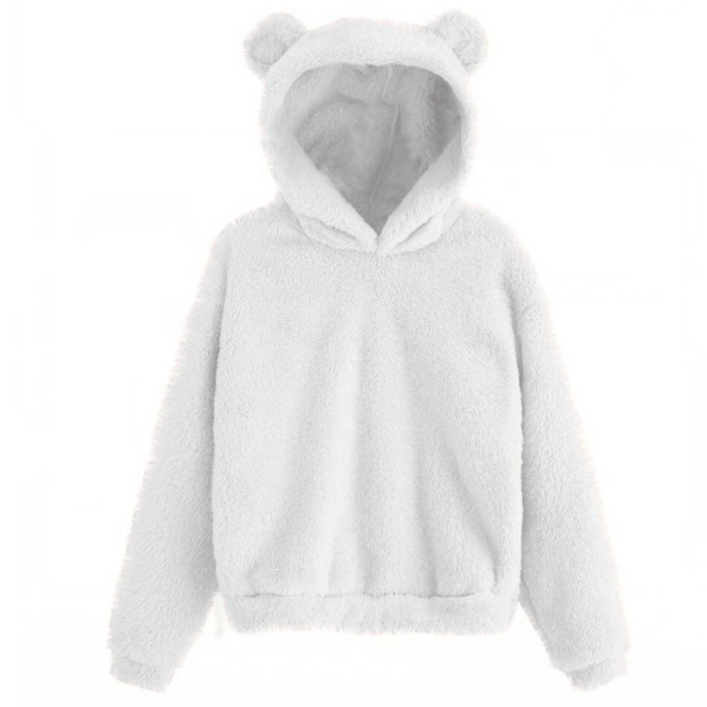 Womens Cute Hoodie Bear Ears Pullover Long Sleeve Fleece Fall Jacket Cropped Sweatshirts Fluffy Coat For Teen Girls White