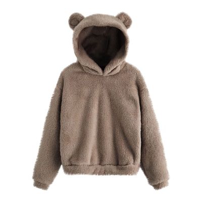 Womens Cute Hoodie Bear Ears Pullover Long Sleeve Fleece Fall Jacket Cropped Sweatshirts Fluffy Coat For Teen Girls Khaki