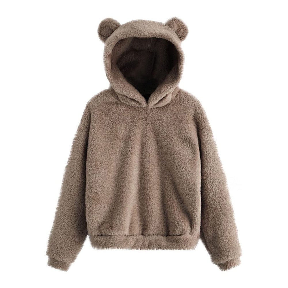 Womens Cute Hoodie Bear Ears Pullover Long Sleeve Fleece Fall Jacket Cropped Sweatshirts Fluffy Coat For Teen Girls Khaki