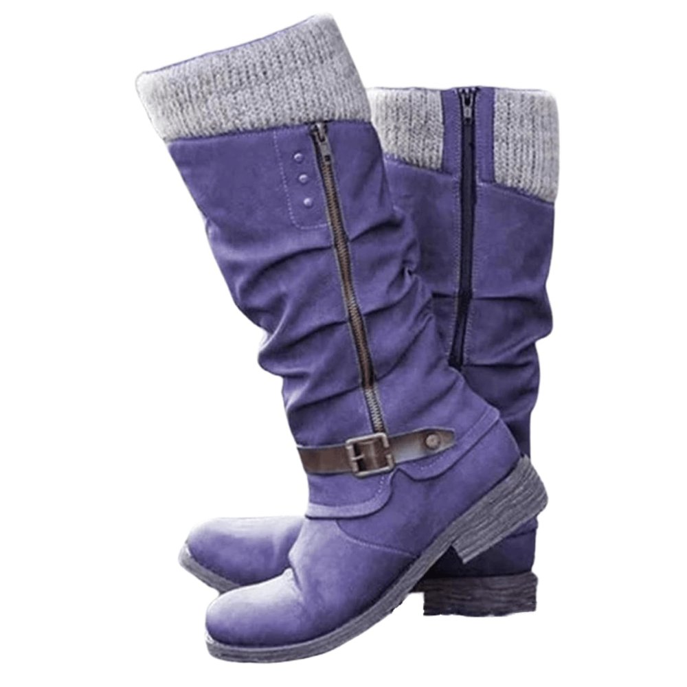 Womens Cowboy Boots Wide Calf Blue Women's Cowboy Boots Knee High Seam Mid Heel Block Heel Almond Pointed Toe Fashion Classic Cowgirl Boots Slip-On