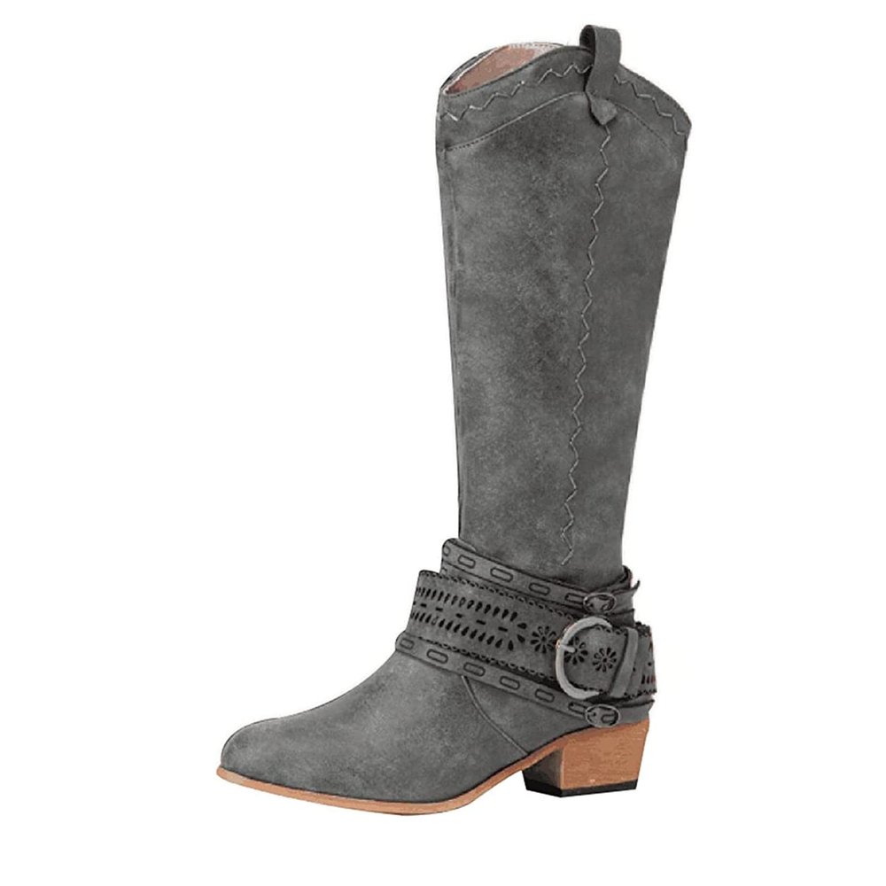 Ladmiple Cowboy Boots For Women Wide Width Cowgirl Boots for Women, Western Cowboy Boots for Women Knee High Tall Pointed Toe Pull On Zipper Stitching Chunky Heel Fashion Boots Grey