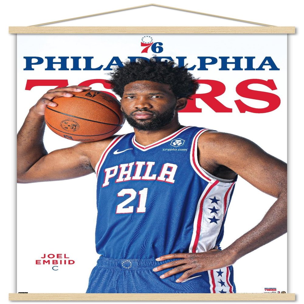 Trends International NBA Philadelphia 76ers - Joel Embiid Feature Series 23 Wall Poster, 22.37" x 34.00", Premium Print and Beechwood Hanger Bundle