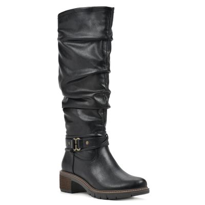 WHITE MOUNTAIN Women's Shoes Crammers Stack-Heeled Tall Boot, Black/Burn/Smooth, 6 M