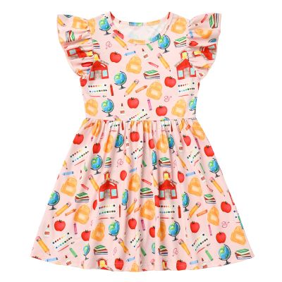 Back to School Dress for Girls, Toddler First Day of School Outfits First Day of Kndergarten Outfits for Girls Ruffle Sleeve Apple Pencil Bottom Casual Summer Dresses Pink&Pencil 6-7 Years