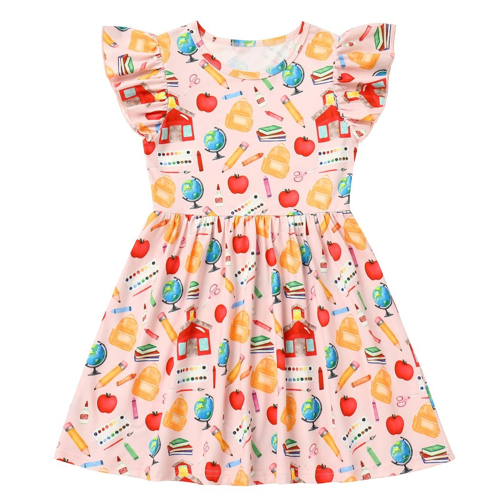 Back to School Dress for Girls, Toddler First Day of School Outfits First Day of Kndergarten Outfits for Girls Ruffle Sleeve Apple Pencil Bottom Casual Summer Dresses Pink&Pencil 6-7 Years