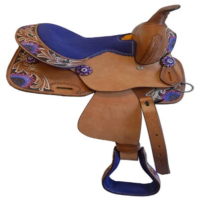 Equitem 12" Western Mini Pony Youth Leather Saddle with Hand Painted Flower and Matching Color Suede Seat (Purple)
