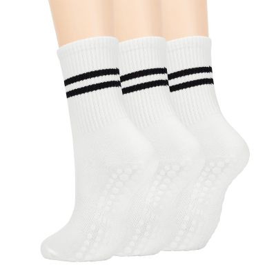 American Trends Pilates Grip Socks for Women Yoga Barre Non Slip Grippy Dance Hospital Socks withe Grippers 3 Pairs-White One Size