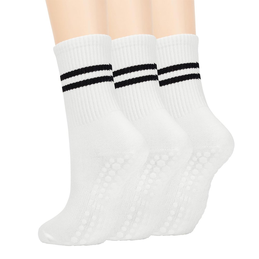 American Trends Pilates Grip Socks for Women Yoga Barre Non Slip Grippy Dance Hospital Socks withe Grippers 3 Pairs-White One Size