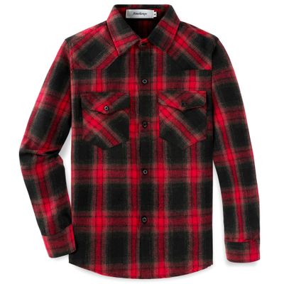 Aimehonpe Boys Girls Flannel Plaid Shirts Long Sleeve Spring Buffalo Western Button Down Shirt Vintage Lightweight, RedBlackPlaid, XX-Large