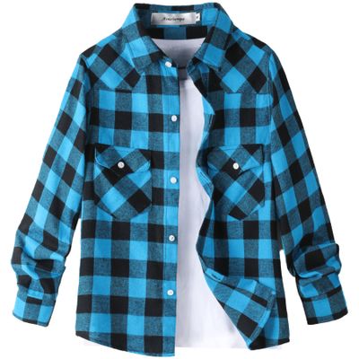 Aimehonpe Boys Girls Flannel Plaid Shirts Long Sleeve Spring Buffalo Western Button Down Shirt Vintage Lightweight, Blueblack, Large
