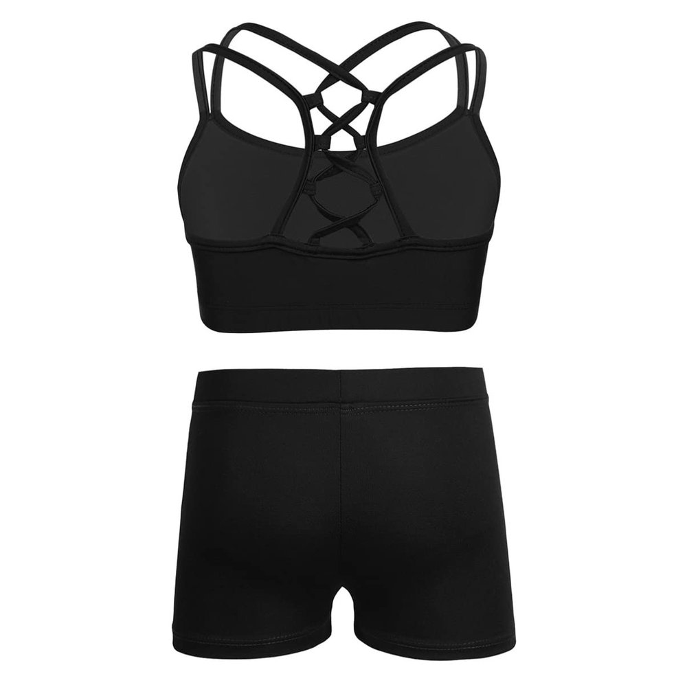 Alvivi Girls Two Piece Sports Outfit Dance Crop Top Bra with Shorts Set for Gymnastics Dancing Swimwear Black 8 Years