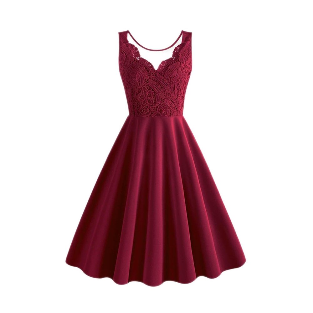 Uillui Women's Retro 50s Lace Prom Dress Classy Elegant Sleeveless Formal Dresses Vintage Cocktail Party Swing Midi Dress Wine