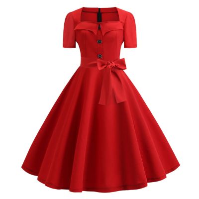 Uillui Womens Short 1950s Vintage Cocktail Party Swing Dresses Short Sleeve Buttons Down Pinup 50s Hepburn A-Line Prom Dress Red