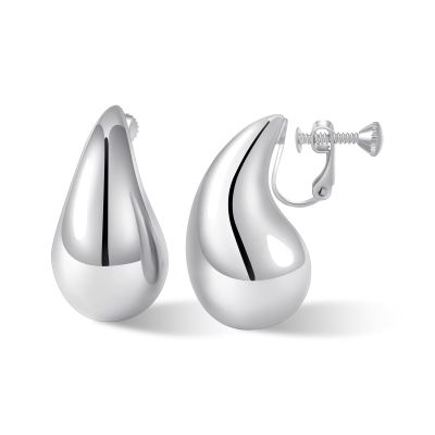NVWAROCK Silver Screw Drop Clip On Earrings Dupes Teardrop Chunky Non Pierced Earring 14K Real White Gold Plated Hypoallergenic Lightweight Earrings for Women