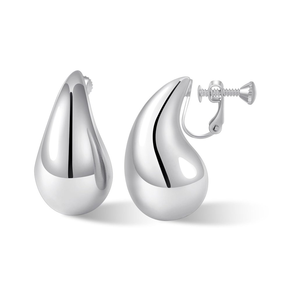 NVWAROCK Silver Screw Drop Clip On Earrings Dupes Teardrop Chunky Non Pierced Earring 14K Real White Gold Plated Hypoallergenic Lightweight Earrings for Women